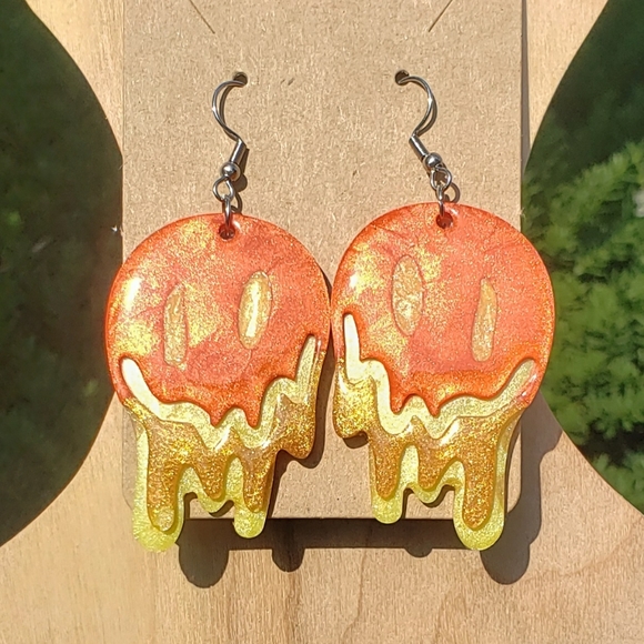 Melting Smiley Face Earrings/ Resin/ Handmade/ Stainless Steel Hooks 🧡⭐ - Picture 2 of 4